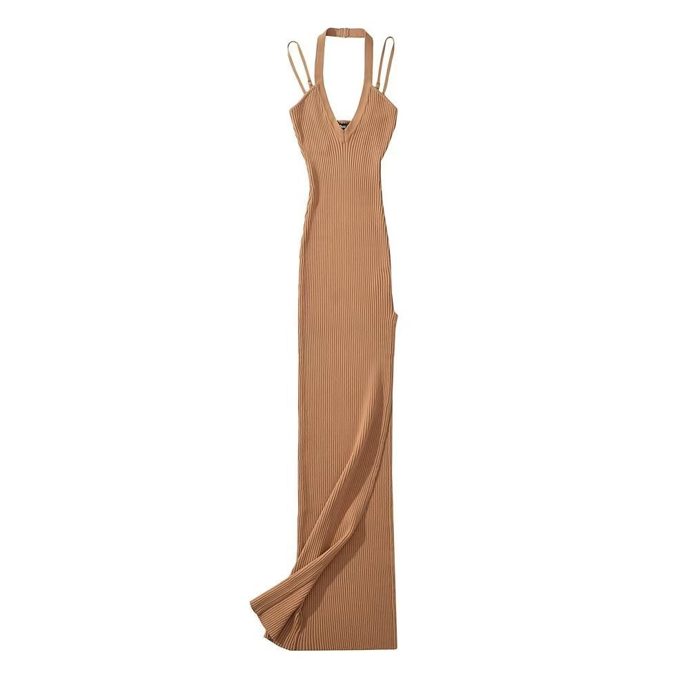 High Slit Knitted Halter Dress
