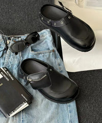 Fashion Splicing Platform Black Cowhide Leather Slide Sandals