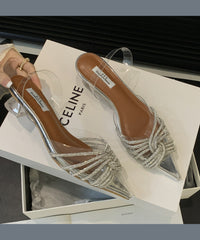 Fashion Silver Transparent Pointed Toe Zircon Slide Sandals