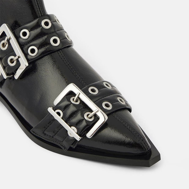 Pointed Toe Thick Heel Belt Buckle Short Boots