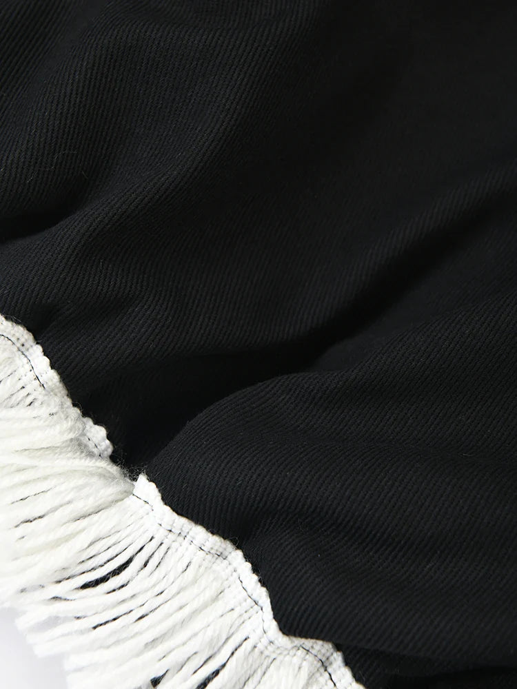 Tassel Spliced Black Leather Jacket