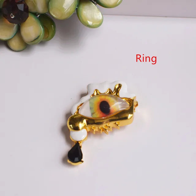 Alloy Resin Eyes Charms Earrings + Ring + Brooch