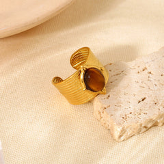 Retro Gold-Plated Tiger Eye Marble C-Shaped Open Ring