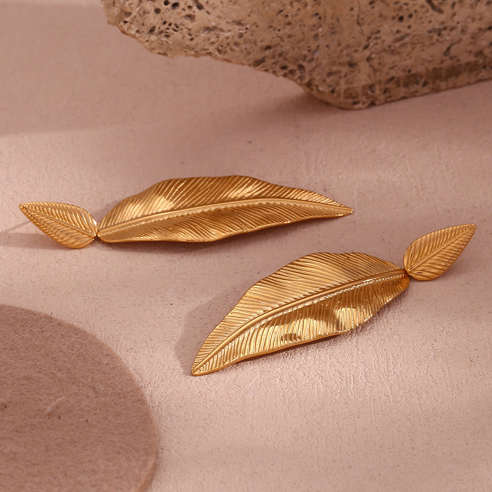 Gold Spliced Feather Leaf Earrings