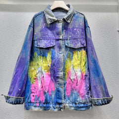 Diamond Studded Hand Drawn Graffiti Denim Jacket
