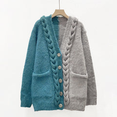 Color Block Pocket Splice Thicken Knit Cardigan