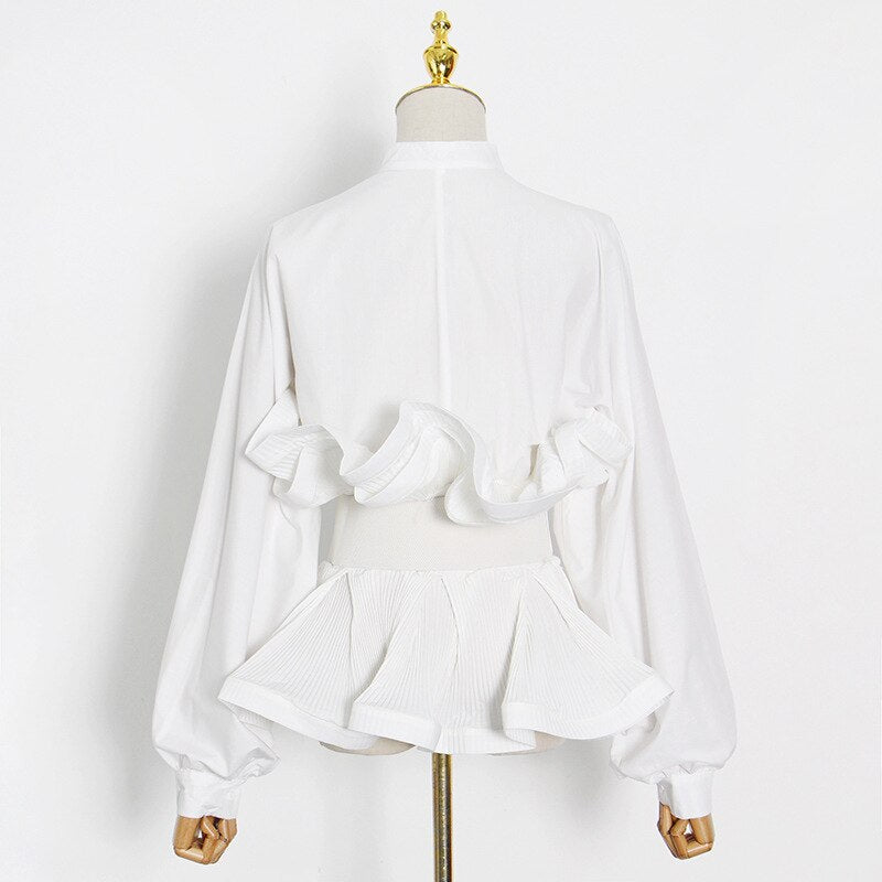 Ruffle Pleated Long Sleeve Belt Blouse