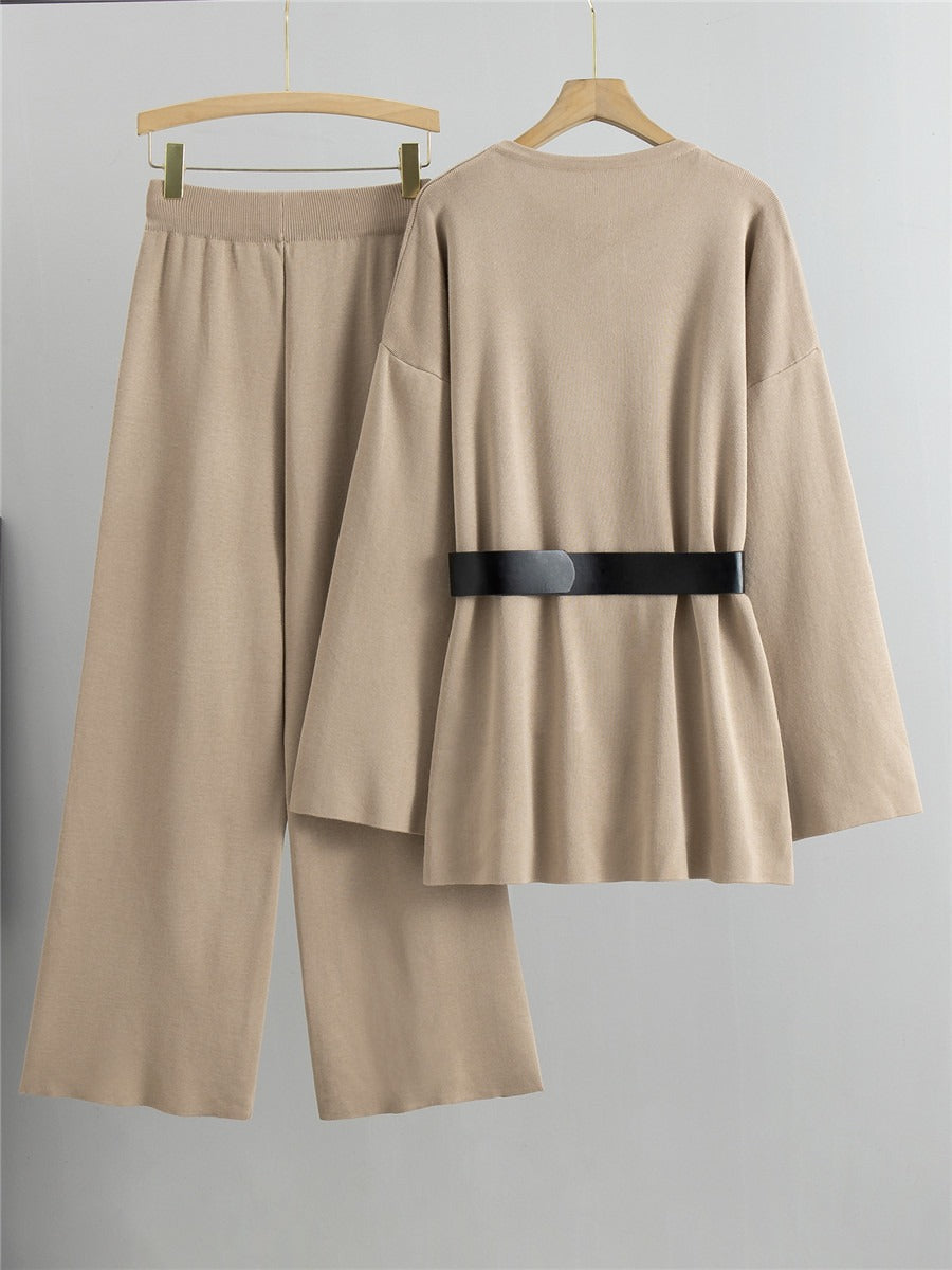 Knitted Loose Belted Sweater + Wide Leg Pants Set