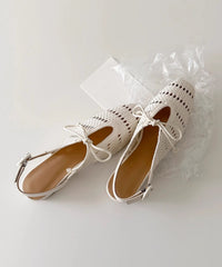 French Beige Sheepskin Bow Splicing Hollow Out Sandals