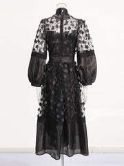 Stand Collar Puff Sleeves 3D Floral Mesh Dress