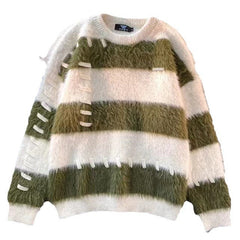 Classic Striped Stitched Knitted Fluffy Sweater