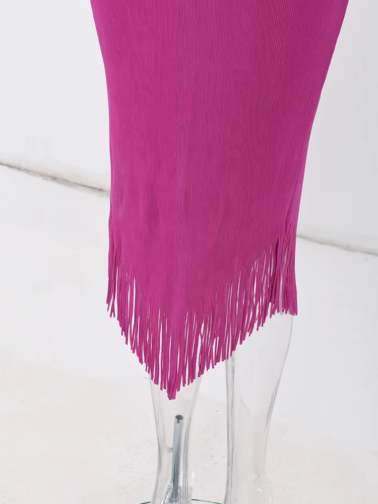 Pleated Two-Tone Fringe Midi Dress