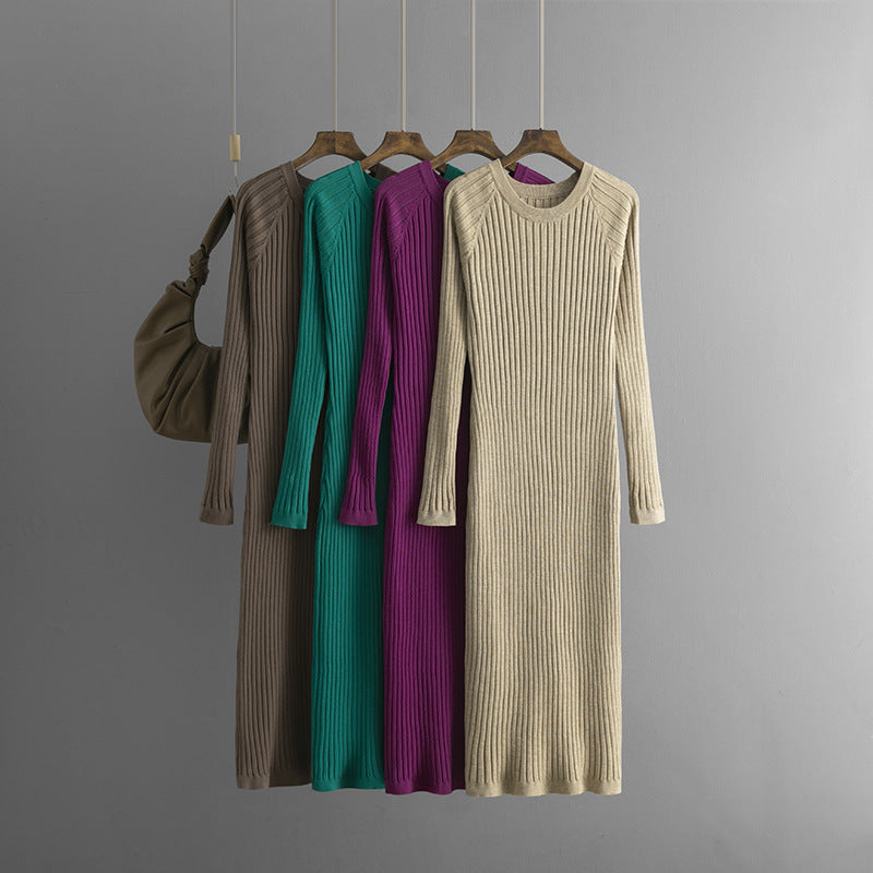 Solid Pleated Round Neck Woolen Knitted Dress