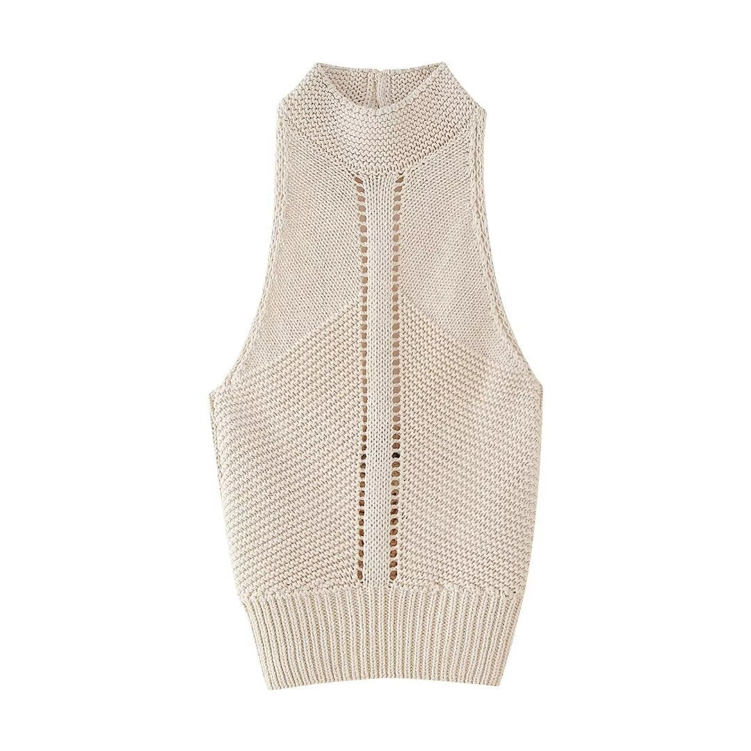 Solid Hollow Knitted Hanging Neck Top