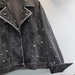 Nail Bead Studded Diamond Retro Motorcycle Denim Jacket