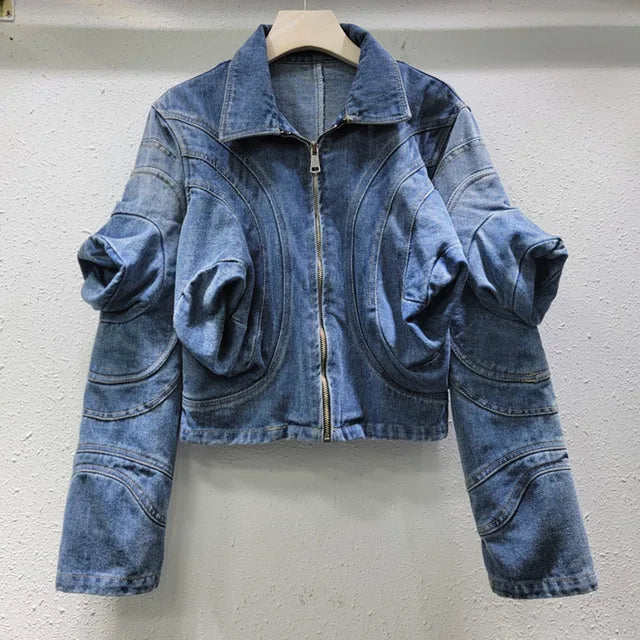 Casual Puff Sleeve Zip Denim Jacket