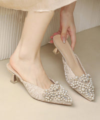 Elegant Splicing High Heel Blue Slide Sandals Nail Bead Pointed Toe