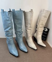 Fashion Splicing Chunky Boots Blue Faux Leather Pointed Toe