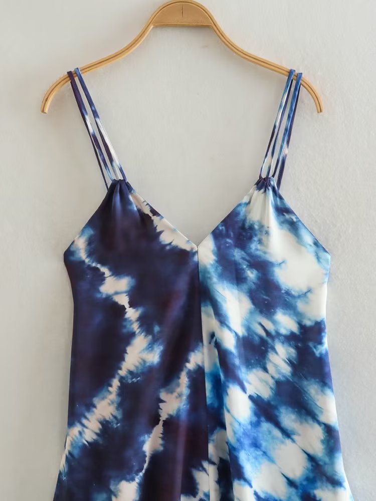 Two-Tone Blue Tie-Dye V-Neck Sleeveless Midi Dress