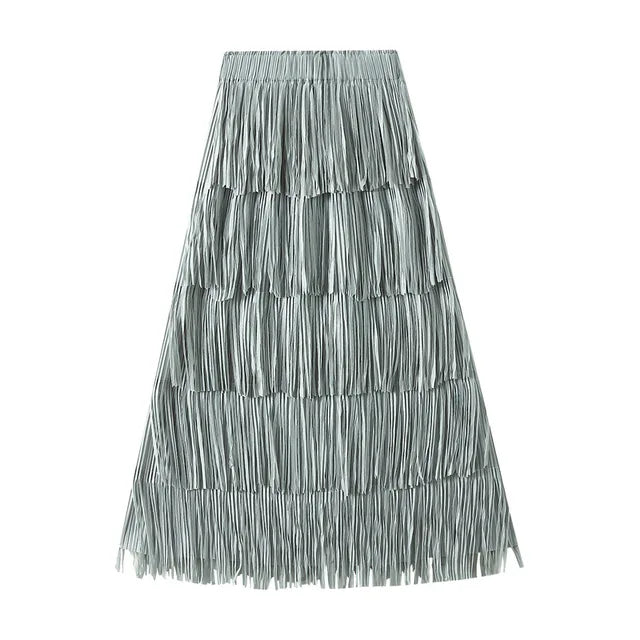 Fringe Stretch Waist Pleated Skirt