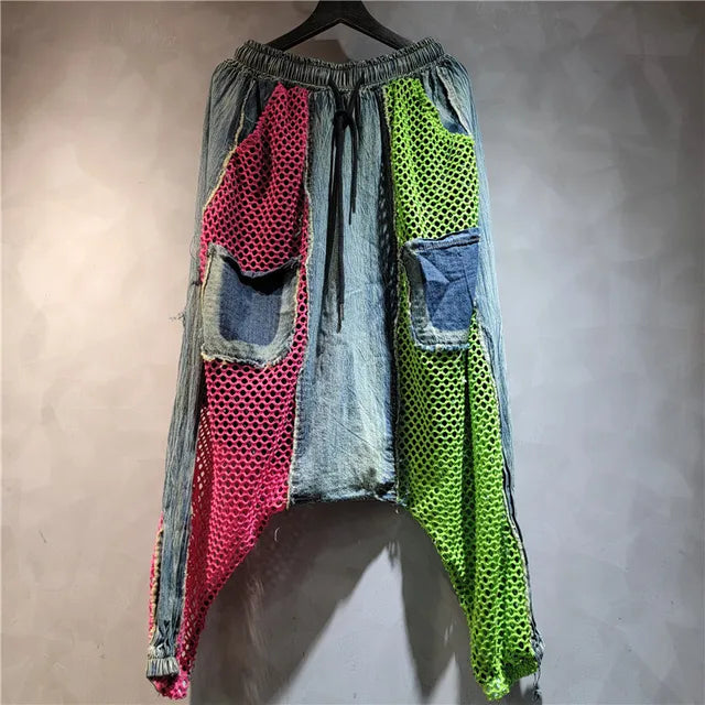 Patchwork Contrast Color Burrs Denim Pockets Top + Elastic Waist Pants