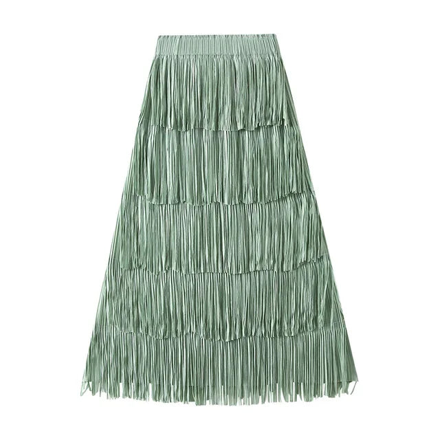 Fringe Stretch Waist Pleated Skirt