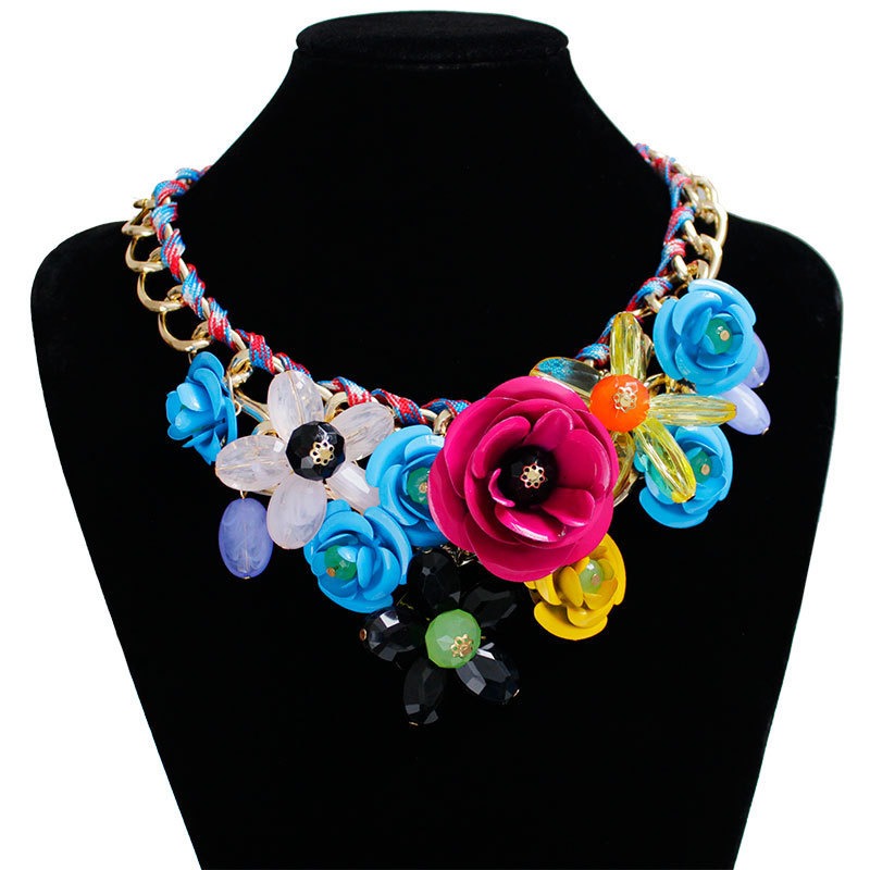 Colorful Flower Gemstone Pendant Rope Braided Necklace