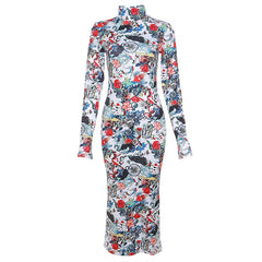 Print Round Neck Slim Fit Midi dress