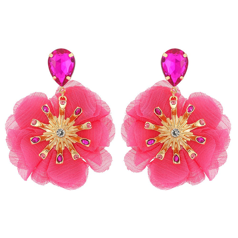 Chiffon Diamond Large Flower Earrings