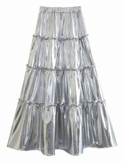 Silver Layered High Waist A-Line Skirt