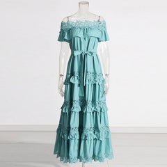 Solid Lace Ruffle Edge Off Shoulder Dress