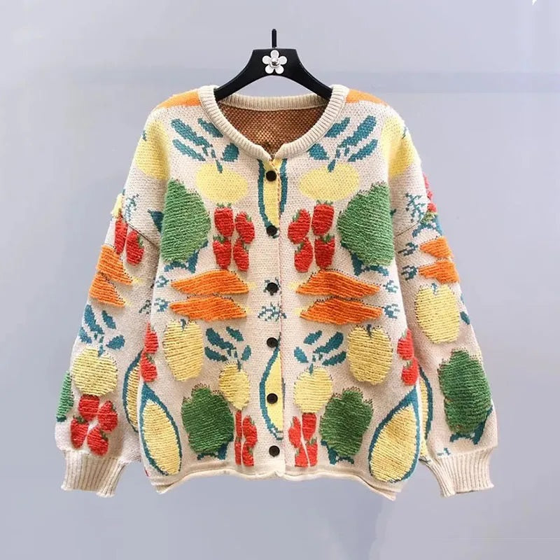 Fruit Jacquard Knitted Oversized Cardigan