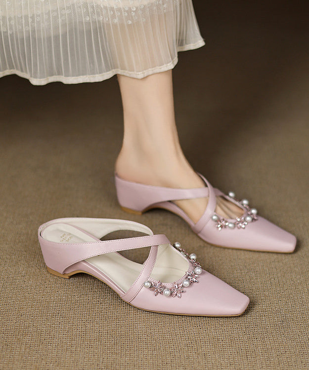Pink Wedge Sheepskin Elegant Splicing Slide Sandals Zircon Nail Bead
