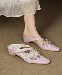 Pink Wedge Sheepskin Elegant Splicing Slide Sandals Zircon Nail Bead