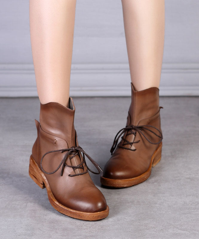 Coffee Lace Up Zippered Splicing Handmade Chunky Boots