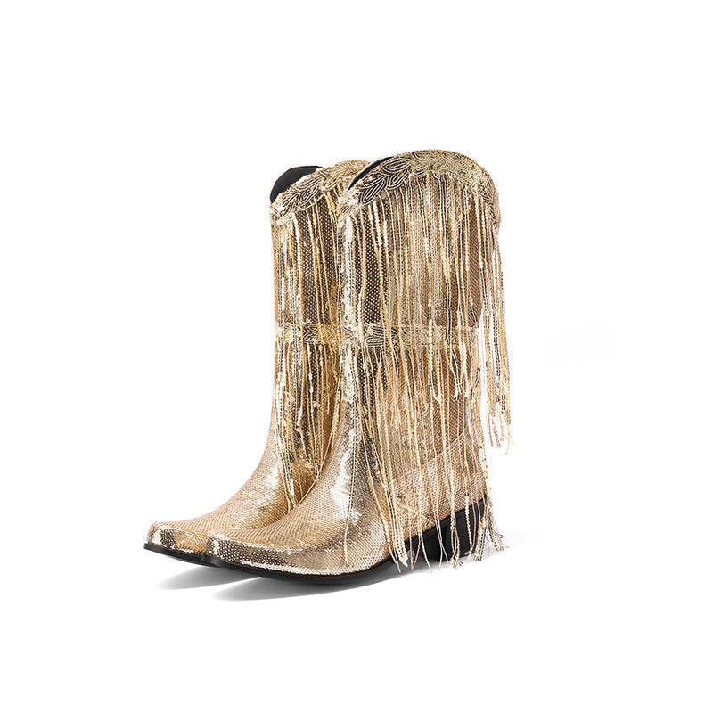 Curved Toe Sequin Tassel Mid-Calf Cowboy Boots