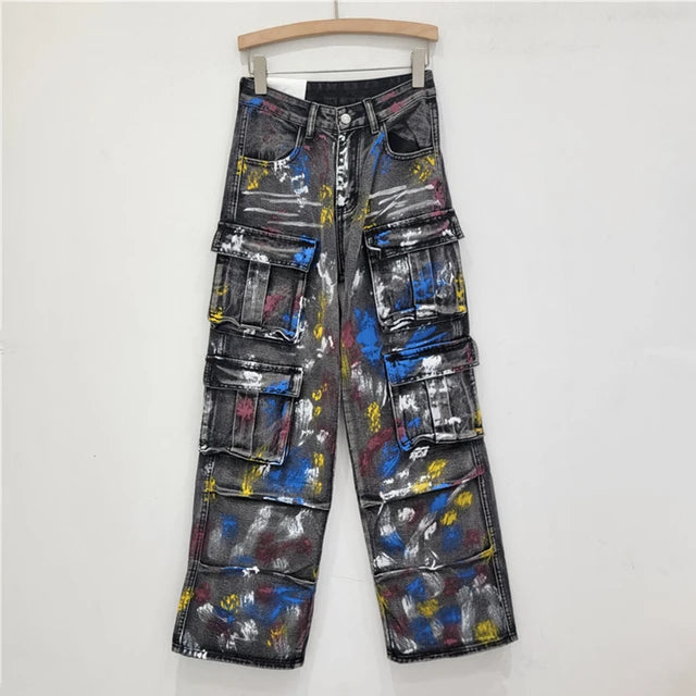 Spray Painted Graffiti Multi Pocket Cargo Jeans