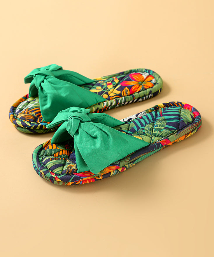 New Comfy Splicing Bow Slippers Shoes Green Cotton Fabric