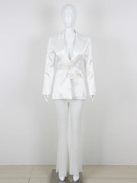 White V-Neck Pearl Beaded Blazer + Pearl Beaded Flared Pants