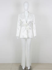 White V-Neck Pearl Beaded Blazer + Pearl Beaded Flared Pants