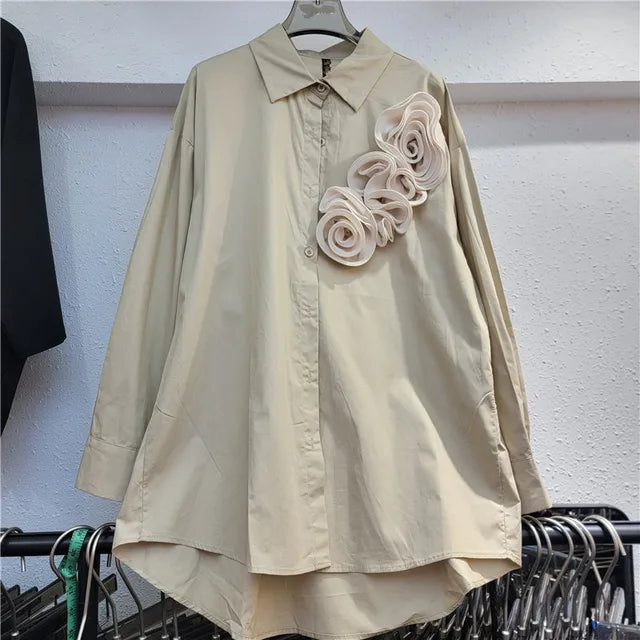 3D Flower Loose Solid Long Sleeved Casual Shirt