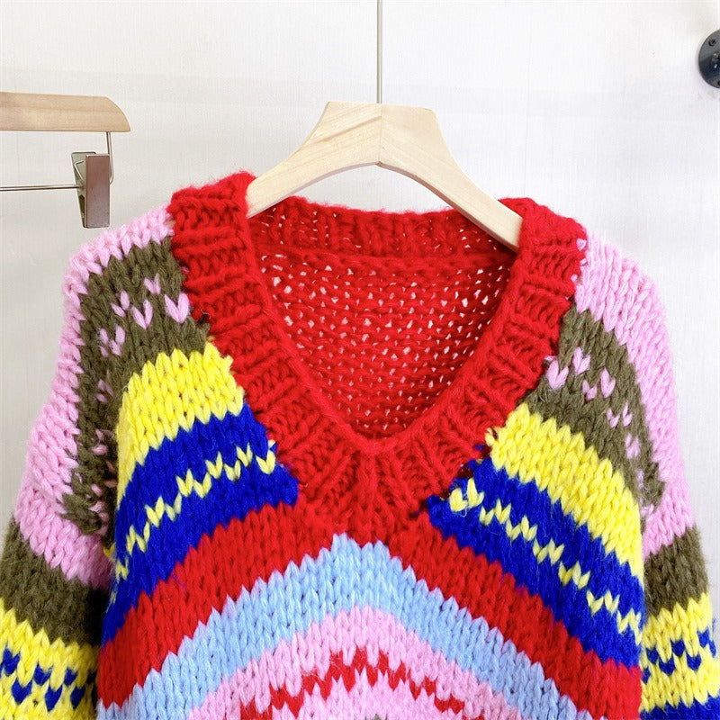 Thick Rod Needle Knitted Striped Loose Sweater