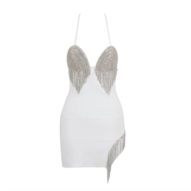 Sparkling Diamond Tassels Halter Backless Bandage Dress