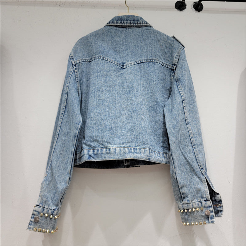 Handmade Rhinestone Rivet Slim Fit Short Denim Jacket