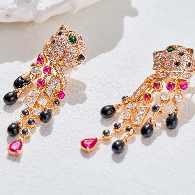 Panther Rhinestone Tassel Dangle Earrings