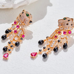 Panther Rhinestone Tassel Dangle Earrings