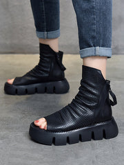 Urban Solid Color Zipper Hollow Out Fish Mouth Platform Shoes