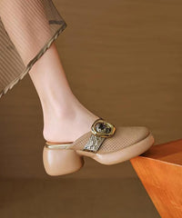 Apricot Platform Cowhide Leather Hollow Out Slide Sandals