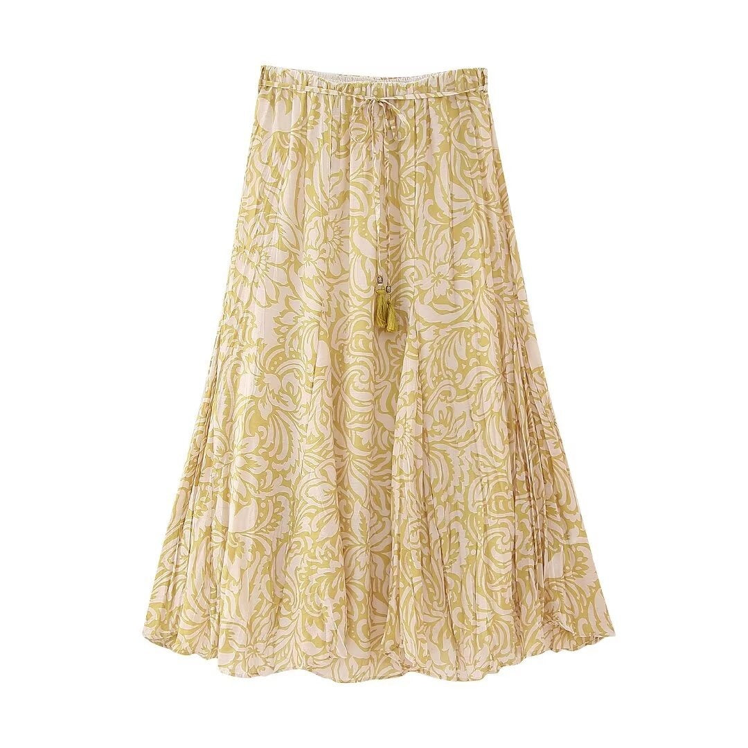 High Waist Lace Up A-Line Printed Midi Skirt