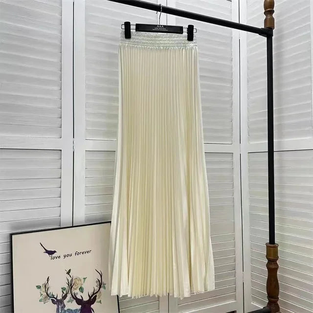 Solid Pleated A-Line Maxi Skirt